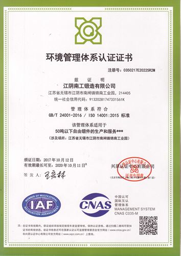 Environment management system certificate